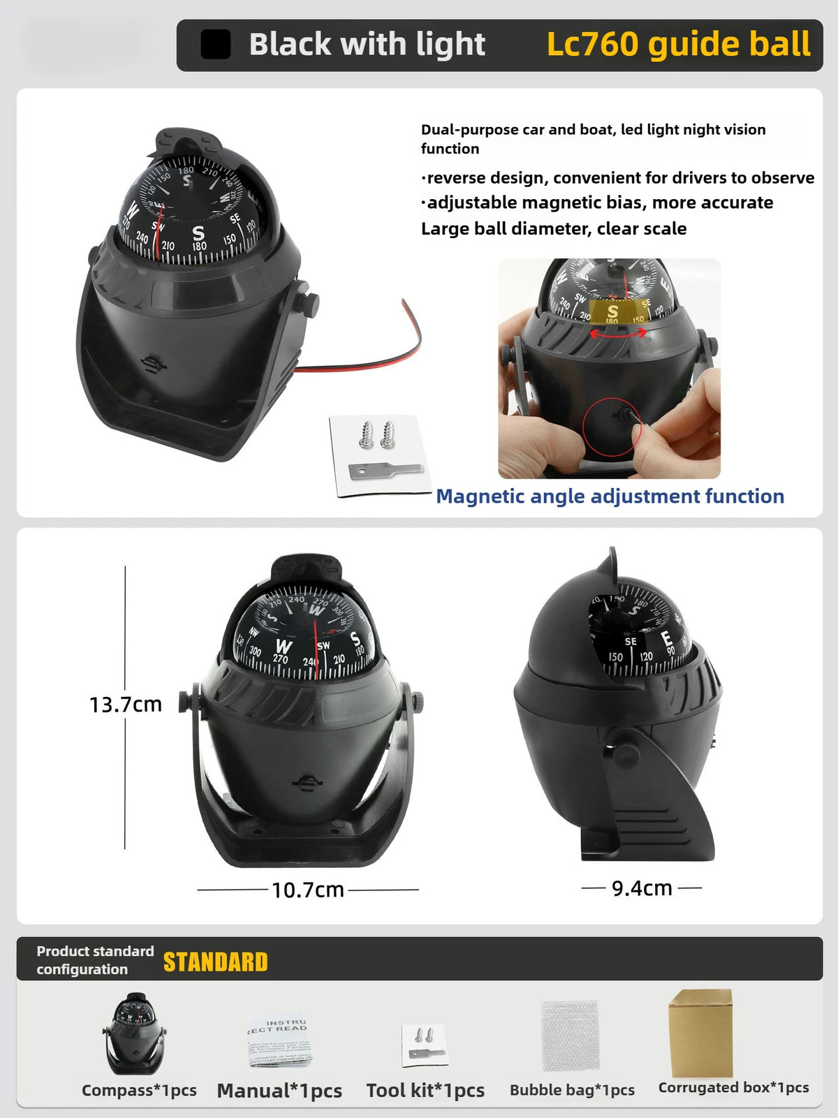 LED Light Electronic Compass, High Precision Pivoting Navigation Compass for Boat Car Marine Use