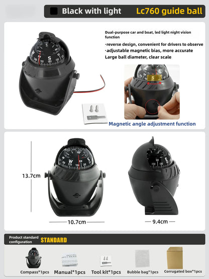 LED Light Electronic Compass, High Precision Pivoting Navigation Compass for Boat Car Marine Use