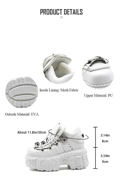 Gothic Ankle Rock Boots Women Shoes White Leather Platform New Punk Style Lace-up Heel Height Shoes Metal Decor Woman Sneakers