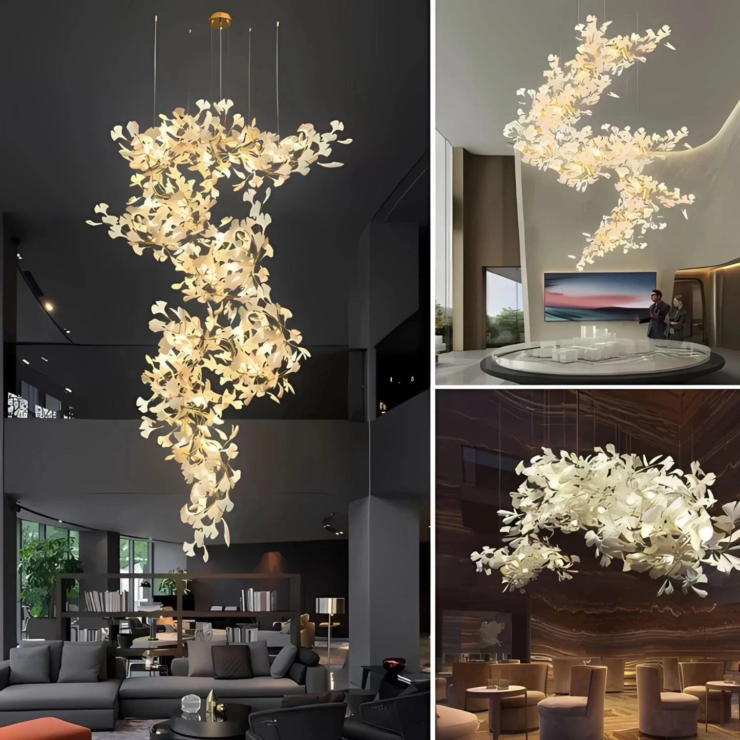High Ceiling Ginko Leaf Chandeliers for Duplex Staircase Long Gold Leaf Pendant Hanging Chandelier for Vila Table Lobby Hotel