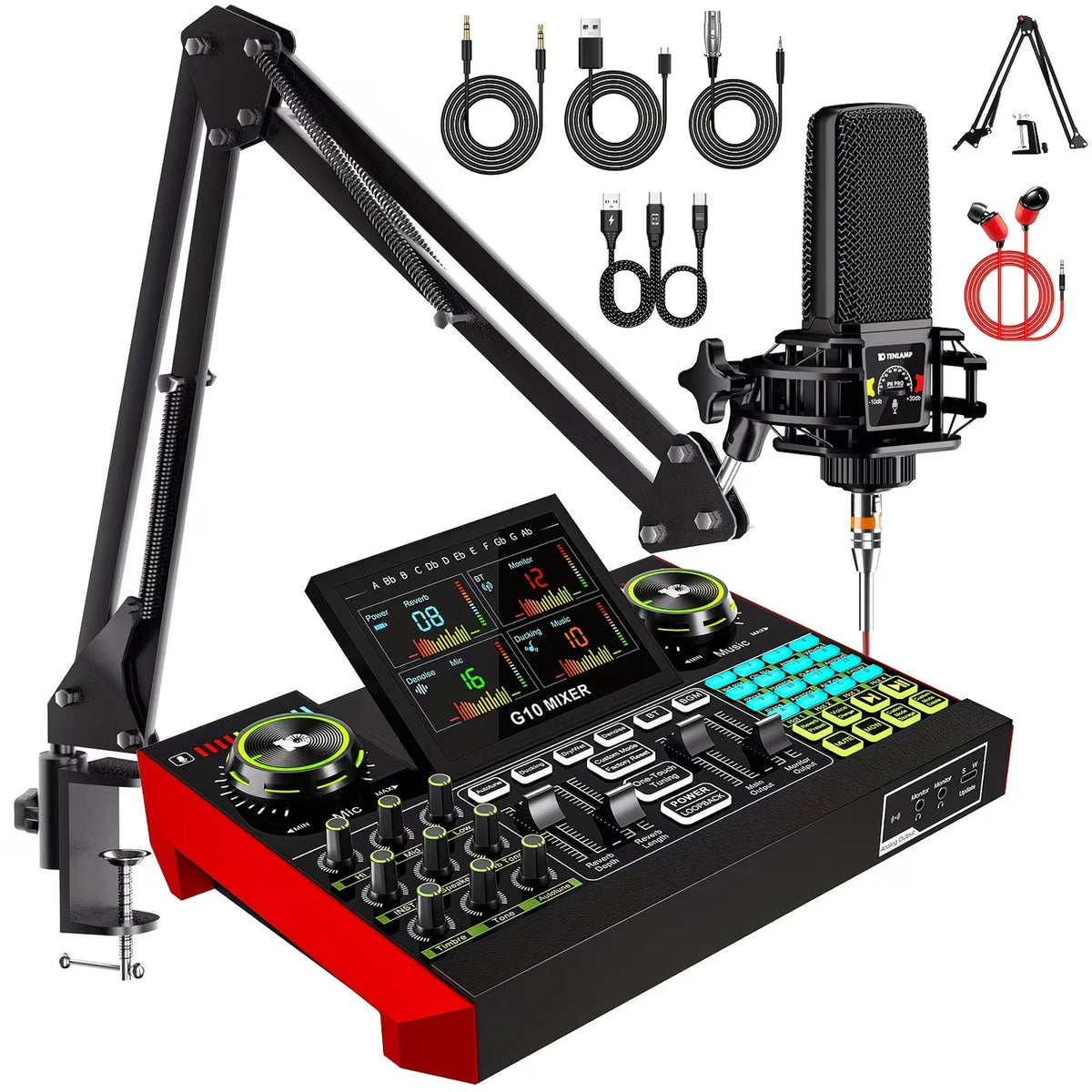 Tenlamp G10 Professional Microphone Bundle with Voice Changer & Reverb Kit for Podcasting, Influencers, Kols, Singing, Gaming, And Djing. This Controller Equipment Is Designed for Studio-Quality Recording And Electronic Music