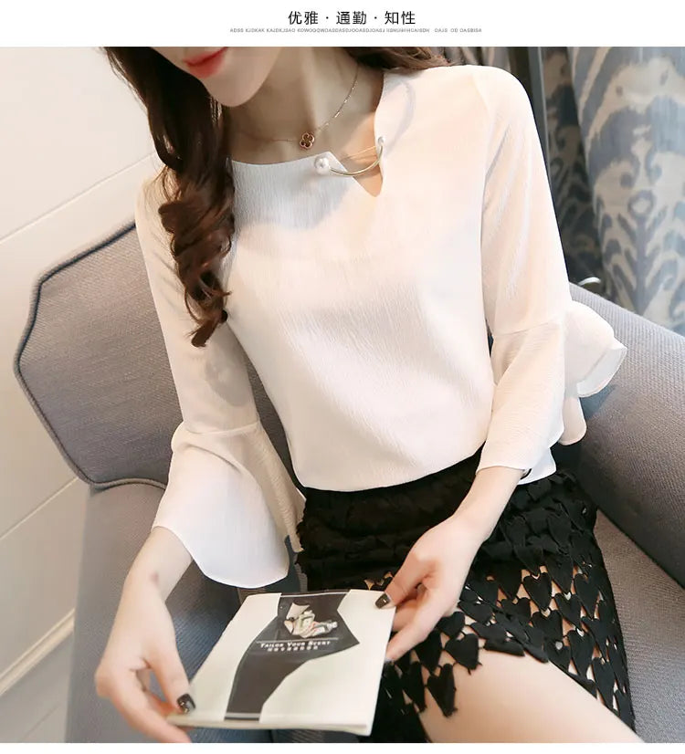 Seven-point Female Ruffled Sleeved Loose Shirt Chiffon Blouses