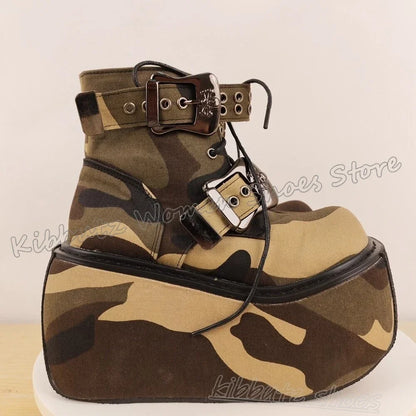 Belt Buckle Ankle Boot Platform Shoes Round Toe Thick Bottom Lace-Up Mixed Color Fashion Luxury Elegant Concise Sexy Novelty New