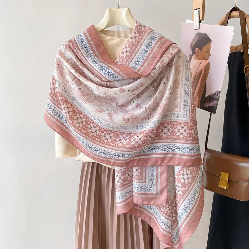 Sun Protection Silk Scarf Women's Retro Ethnic Style Cotton Linen Beach Holiday Wrap Shawl Outerwear Geometric Print Korean S...