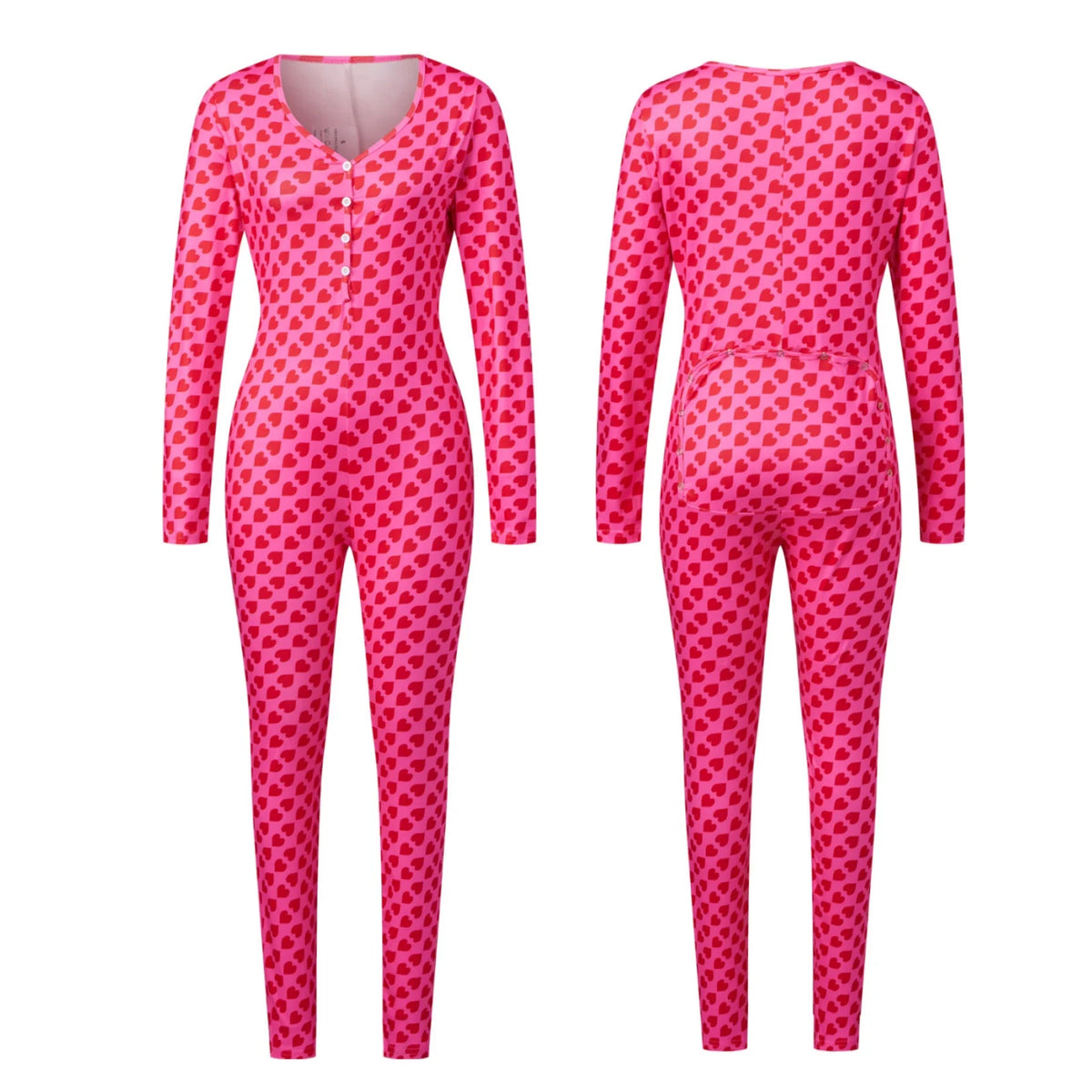 Womens Heart Printed Lounge Jumpsuits Button Up V Neck Long Sleeve Bodycon Romper Overalls for Daily Life Valentine's Day