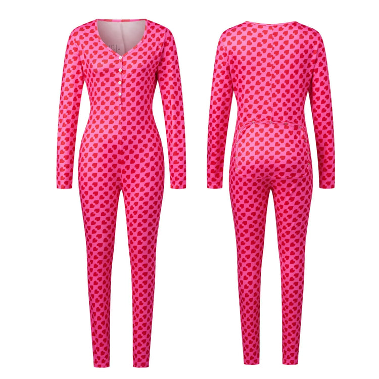 Womens Heart Printed Lounge Jumpsuits Button Up V Neck Long Sleeve Bodycon Romper Overalls for Daily Life Valentine's Day