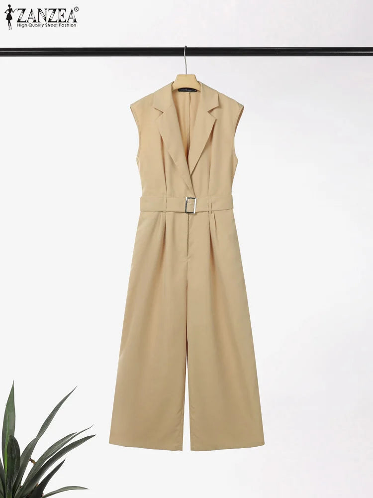 Stylish Office OL Overalls Pant ZANZEA Fashion Women Jumpsuits Summer Lapel Sleeveless Rompers Solid Loose Wide Leg Trouser 2025