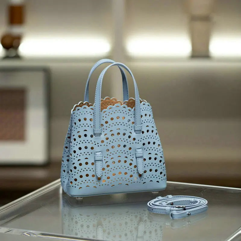 Brand Designer Luxury High Quality Mini Cowhide Shoulder Handbags 2025 Hollow Fashion Large Capacity Genuine Leather Bucket Bag