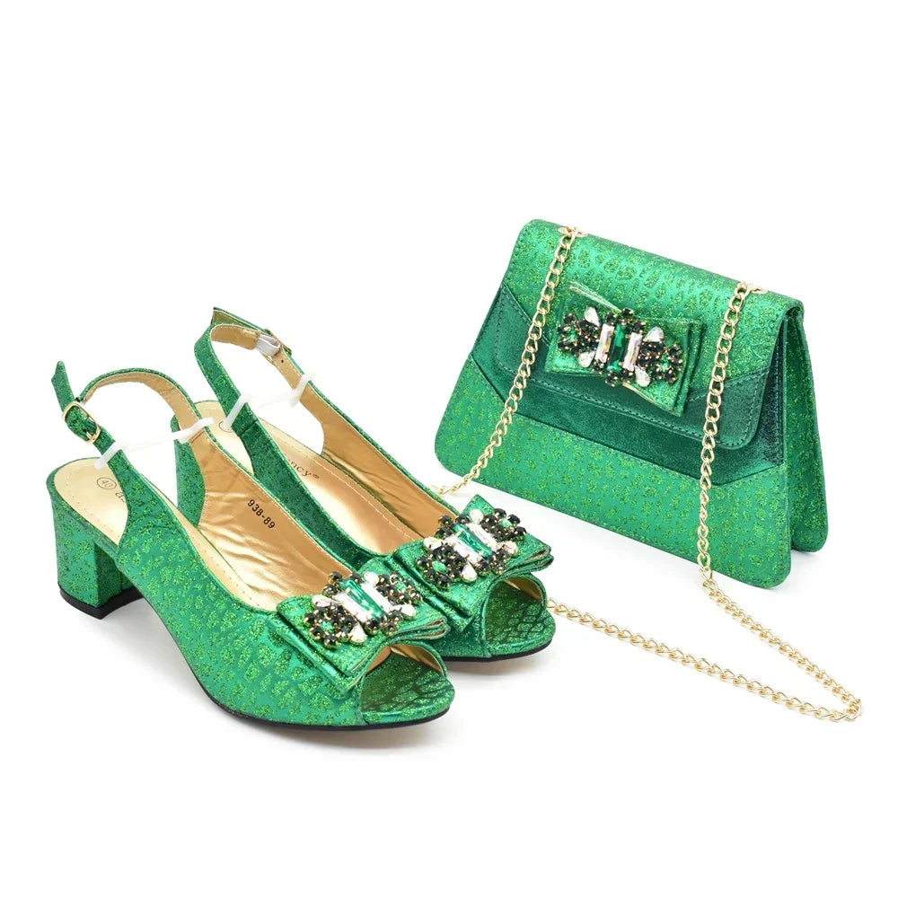 Nigerian Latest Shoes and Bags To Match Shoe and Bag Set for Party in Women Italian Rhinestones Elegant Peep Toe Sandals