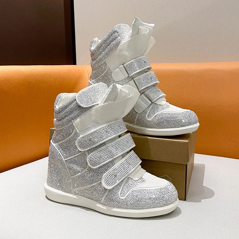 2026 Vintage Rivet Heightened Sneaker Wedge Velcro Casual Bright Diamond Booties