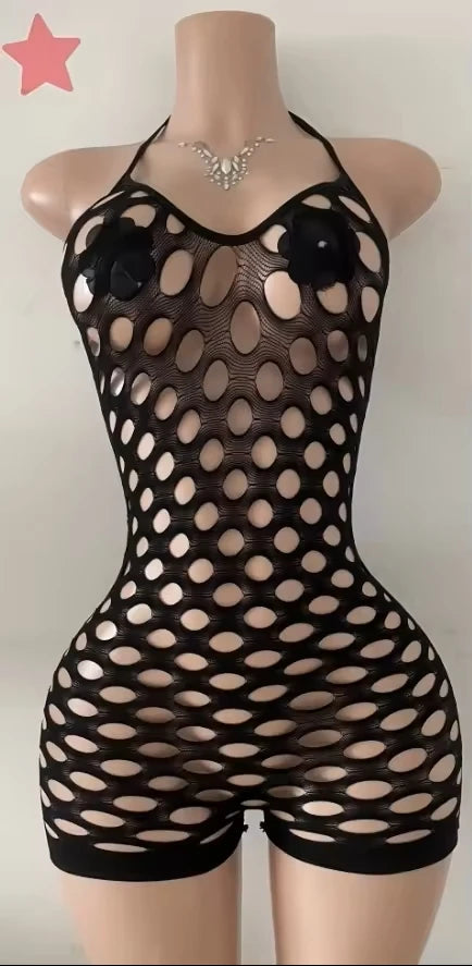 FAGADOER Sexy Hollow-out Rhinestone Patchwork Bodycon Rompers Woman Halter Sleeveless Backless Jumpsuits Female Party Clubwear