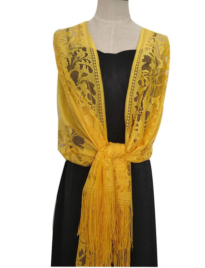 Korean Women Summer Thin Hollow Flower Long Tassel Party Cloak Sunscreen Shawl Sun Clothing Travel Towel Lace Evening Dress Scar