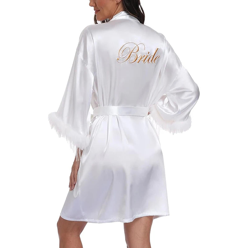 Vestidos De Novia Satin Kimono Women Short Robe Feather Sleeve Bride Wedding Dress Sexy Lingerie Pijama Mujer Bridesmids Gown