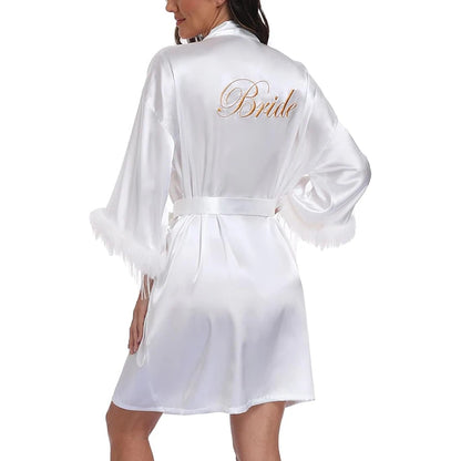 Vestidos De Novia Satin Kimono Women Short Robe Feather Sleeve Bride Wedding Dress Sexy Lingerie Pijama Mujer Bridesmids Gown