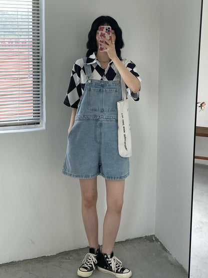 Women's Denim Overalls Short Trousers Wide Leg Loose Fit Thin Jumpsuit Korean Style for Petite Ladies Casual Clothing