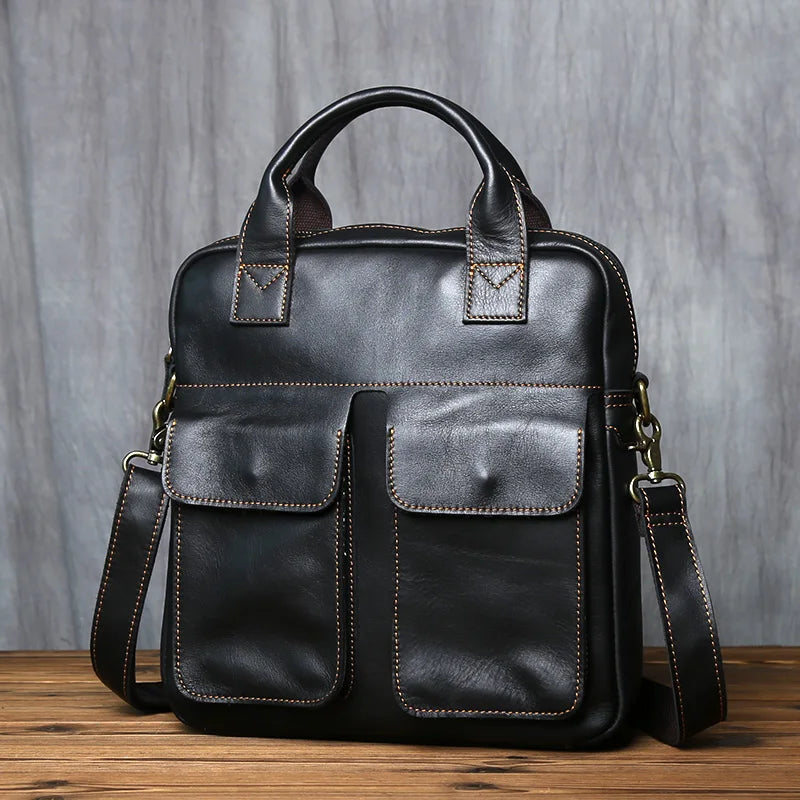 NZPJ New Retro Leather Men's Handbag Top Layer Cowhide Vertical Single Shoulder Messenger Bag Postman Briefcase Computer Bag