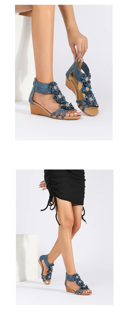 High quality leather flat sandals for women 5cm mid heel flower summer 2026 36 42 open toe casual beach shoe blue pink brown