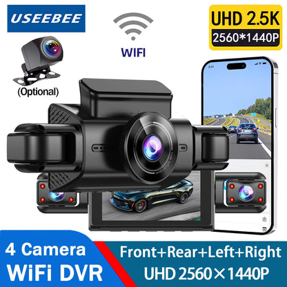 360 Degree 4 Cameras Dash Cam Car DVR WiFi  2.5K Video Recorder 4 Channel Front Rear View Night Vision Black Box DVR For Vehicle
