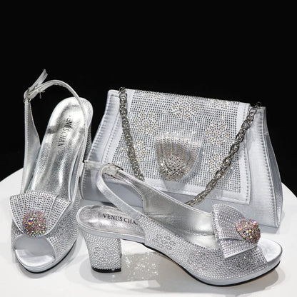 2026 Elegant Italian Pointed Toe Women Rhinestone Hot Pink Shoes & Bag Set For Wedding Party Bridal Evening Formal Events