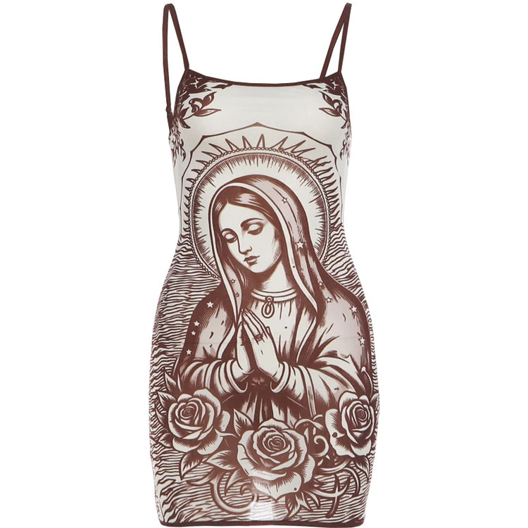 Sisterlinda See Through Dress Women Art Print Low-Neck Skinny High Elasticity Sexy Midnight Summer New Trend Hottie Mini Bodycon