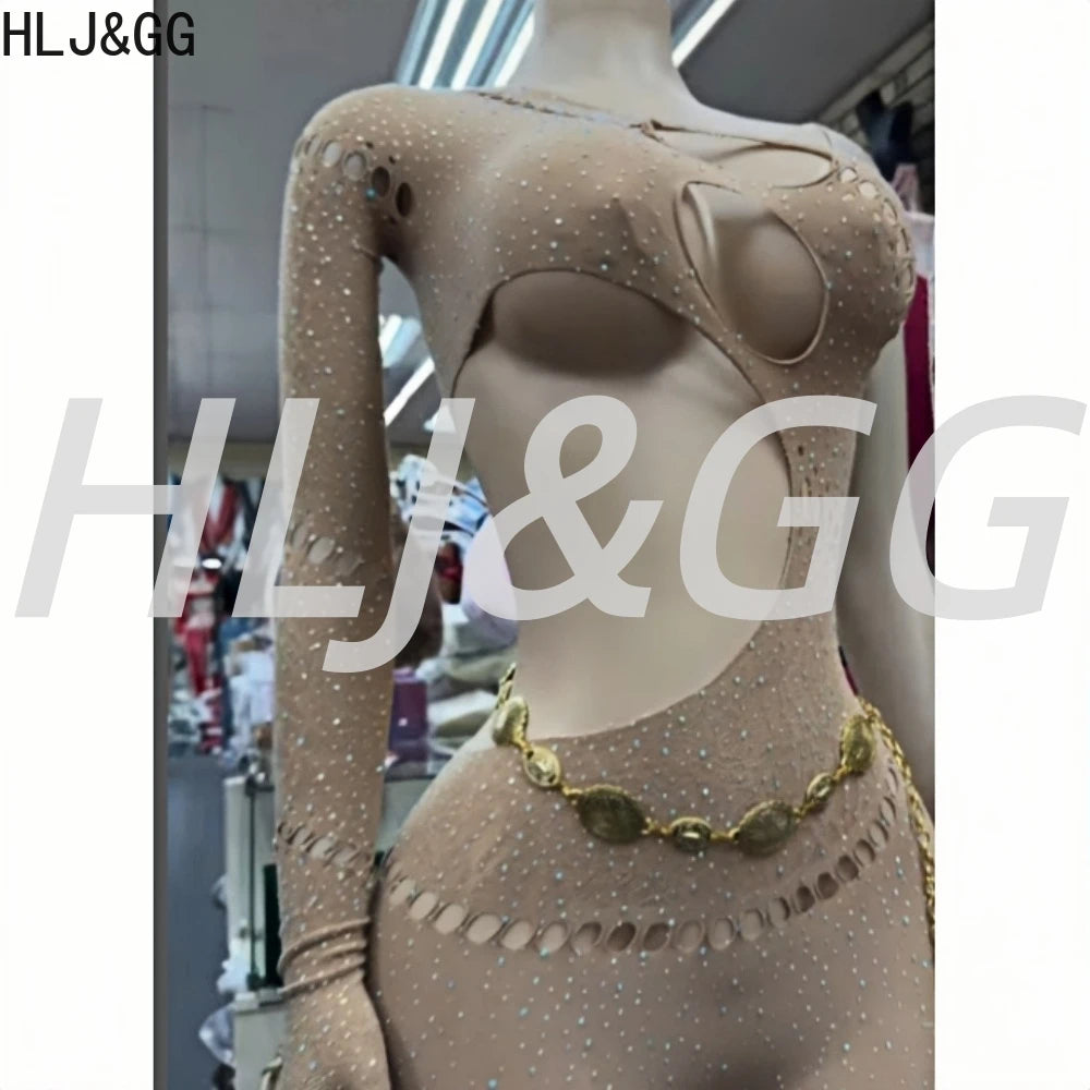 HLJ&GG Sexy Sparkling Rhinestone Hollow Bodycon One Piece Jumpsuits Women One Shoulder Long Sleeve Slim Playsuit With Chain 2025