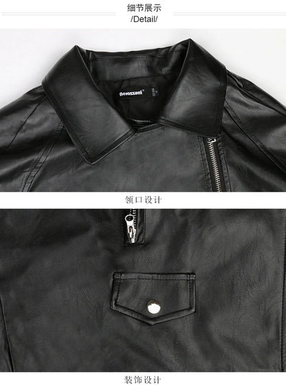 Nerazzurri Spring Autumn Loose Black Faux Leather Jacket Women with Lace Long Sleeves Zipper Belt Luxury Elegant Fashion 2022