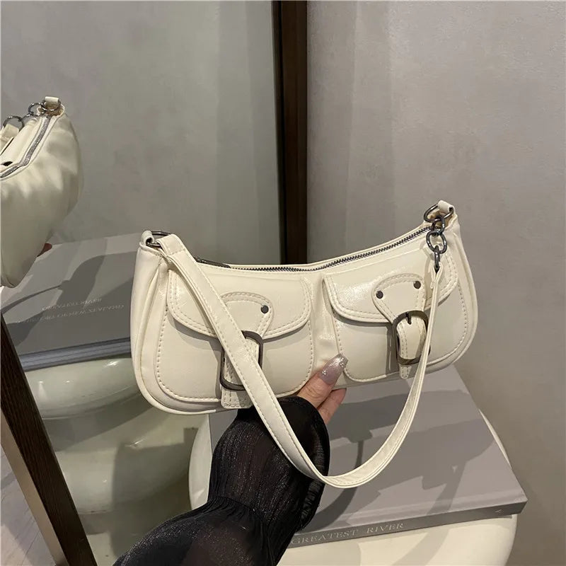 Fashion Pu Leather Women's Shoulder Bag Small Double Pocket Design Ladies Underarm Bags Y2k Vintage Female Handbags Clutch Purse