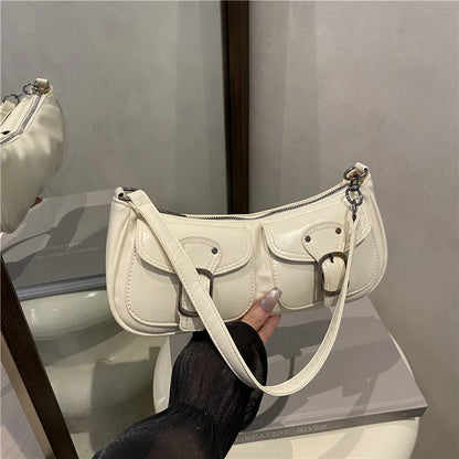 Fashion Pu Leather Women's Shoulder Bag Small Double Pocket Design Ladies Underarm Bags Y2k Vintage Female Handbags Clutch Purse