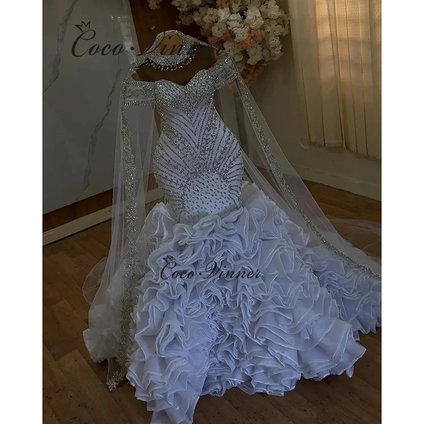 Customized Organza Ruffle Train Africa Mermaid Wedding Dress 2026 Off The Shoulder Sparkle Crystal Beaded Wedding Dresses W1499
