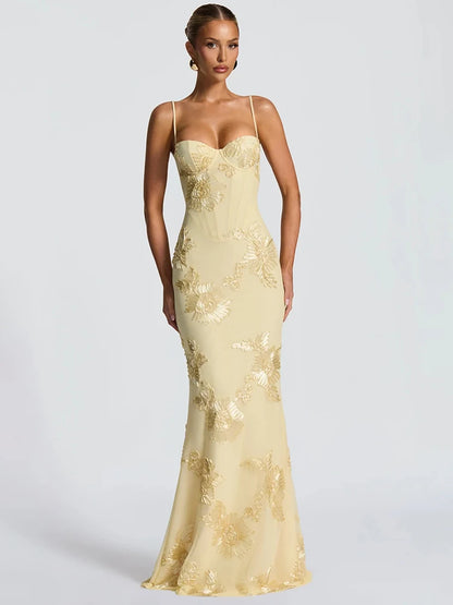Mozision Spaghetti Strap Backless Sexy Maxi Dress Women Gown Floral Ribbon Applique Sleeveless Bodycon Evening Club Party Dress
