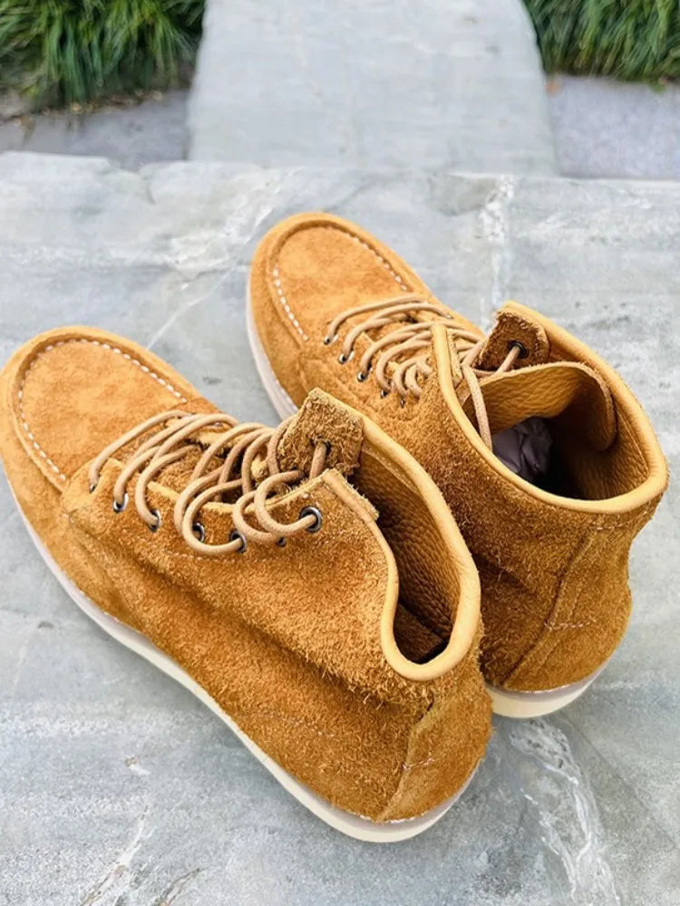 Retro Male Cow Suede Round Toe Hard Wearing Handmade Ankle Boots Leisure Genuine Leather Platform Solid Color Lace-Up Work Shoes