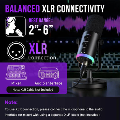 USB/XLR Gaming Microphone, Dynamic PC Mic for Podcasting Streaming, Computer RGB Mic Kit with Desktop Stand, for Recording
