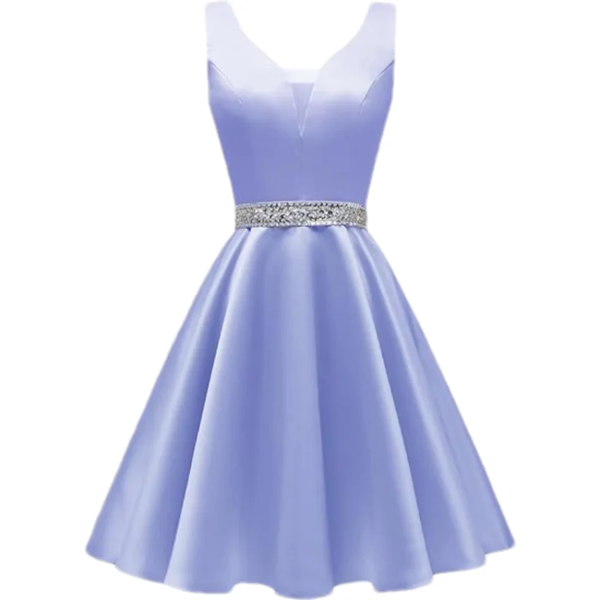 Customized Simple Satin Homecoming Dresses for Teens Short Prom Dress V-Neck Beaded Belts Evening Formal Cocktail Party Gowns