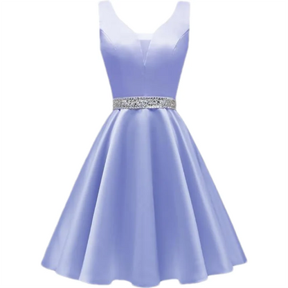 Customized Simple Satin Homecoming Dresses for Teens Short Prom Dress V-Neck Beaded Belts Evening Formal Cocktail Party Gowns