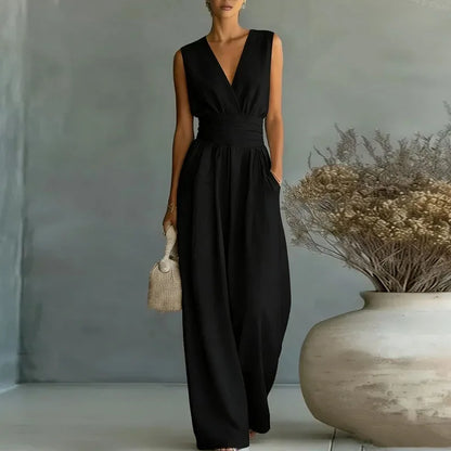 OL Style Solid High Waist Draped Jumpsuits Woman 2026 Spring V Neck Wide Leg Trousers Overalls Casual Half Sleeve Rompers Outfit