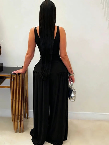 Kricesseen Sexy Ruched Waist Jumpsuits for Women Solid Sleeveless Wide Leg Long Pants Celebrity Party Clubwear Rompers