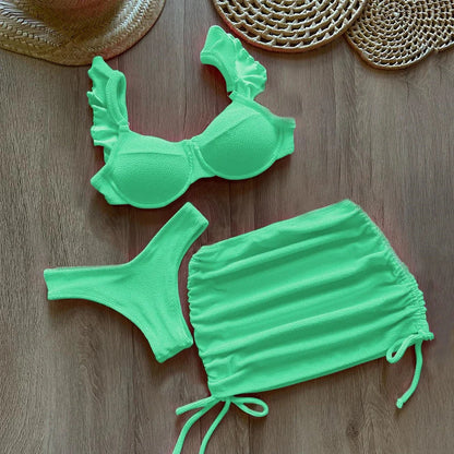 Solid Wavy Fabric Low Waist Bikini Set Cover Up Swimsuit For Women Push Up Ruffle Three Pieces Swimwear 2026 Beach Bathing Suits