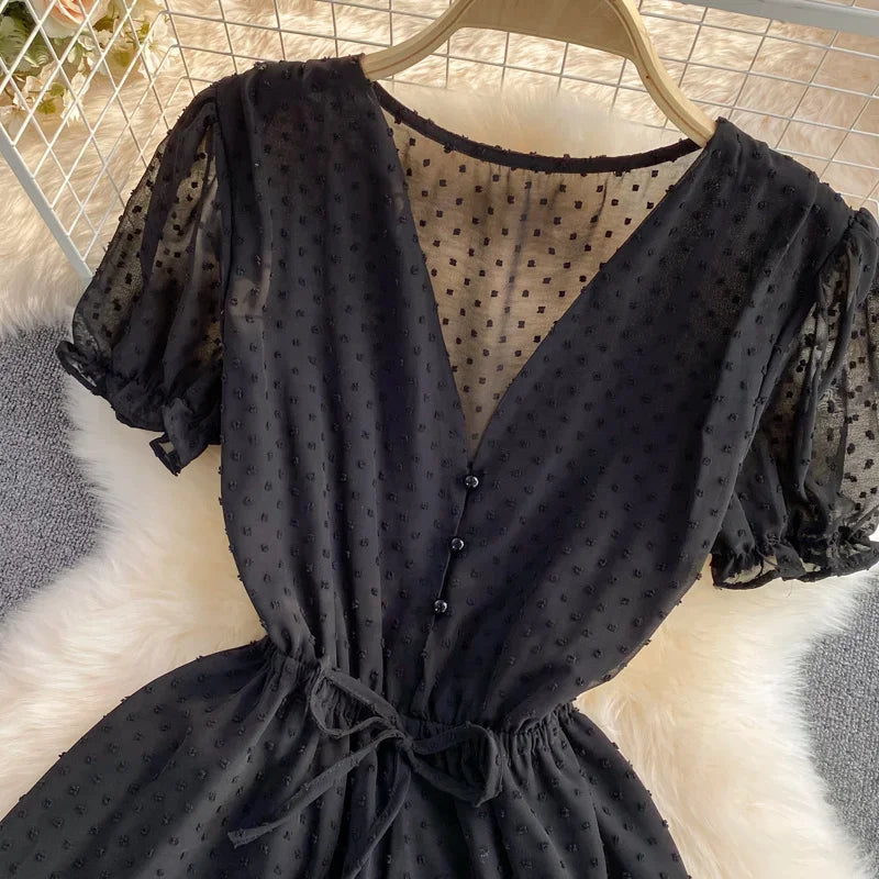 2025 Summer Women Playsuit Polka Dot See Through Thin Beach Rompers Sexy V-neck Short Sleeve Drawstring Sash Slim Waist Overalls