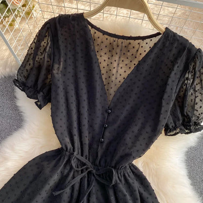 2025 Summer Women Playsuit Polka Dot See Through Thin Beach Rompers Sexy V-neck Short Sleeve Drawstring Sash Slim Waist Overalls