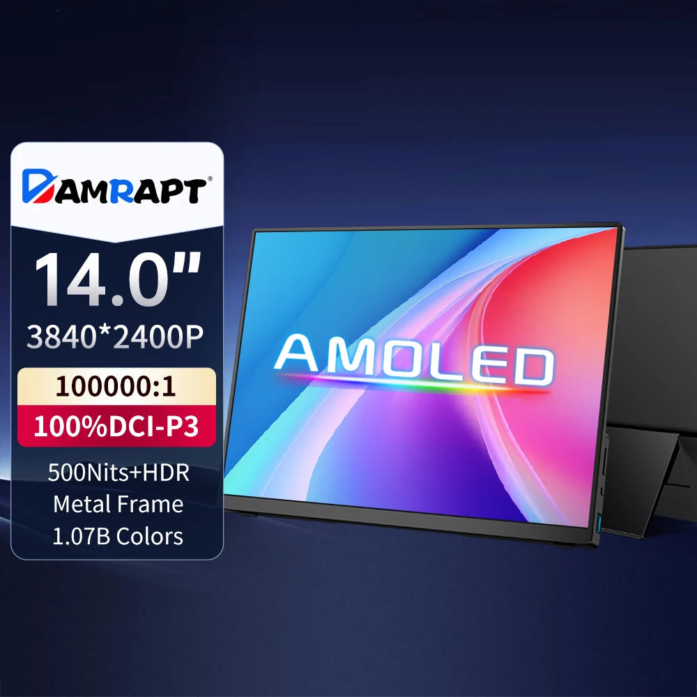 Damrapt 14'' UHD Portable Oled Monitor 4K 16:10 500nits Metal Frame with Stand for Laptop PC Smart Phone Xbox Gaming Display