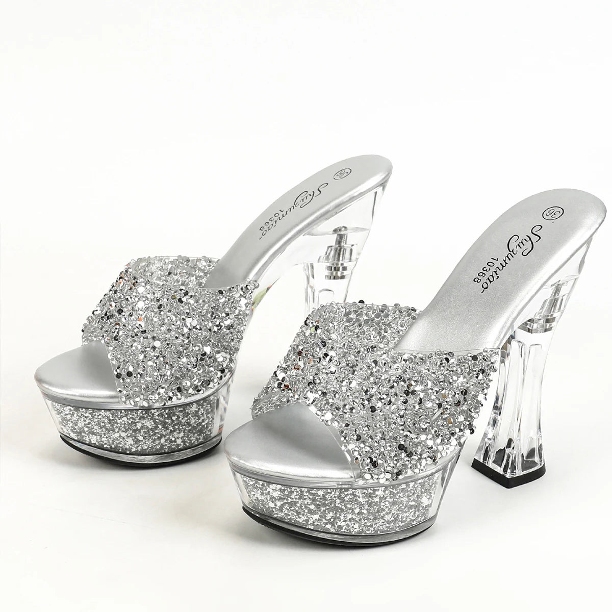 Women Slippers 14CM Luxury Party Shoes Designer Transparent Platform Summer High Heels 2024 New Glitter Sequined Stage Sandals