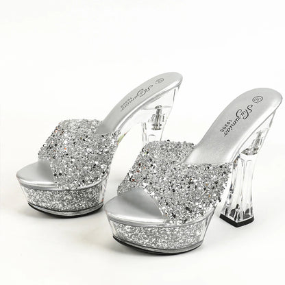 Women Slippers 14CM Luxury Party Shoes Designer Transparent Platform Summer High Heels 2024 New Glitter Sequined Stage Sandals