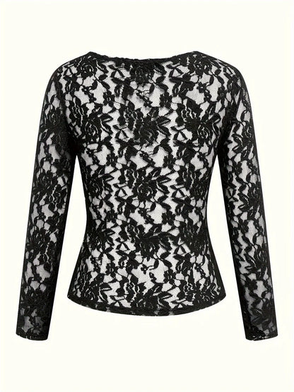 Women Lace V Neck Long Sleeve Sheer Mesh Floral Lace Top Slim Fit See Through Bodycon Jumpsuit for Party Clubwear Daily Wear