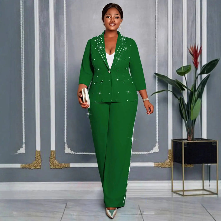 Plus Size Women's Green Beaded Blazer Suit Three-quarter Sleeve Top + Wide-leg Pants Elegant Two-piece Set Casual Y2K Two Piece