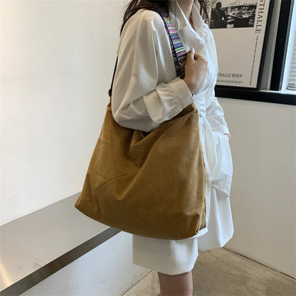 Women Luxury Corduroy Shoulder Bag Large Handbag Big Casual Tote Canvas Lining Solid Cloth Purse Zipper Crossbody Messenger Bags
