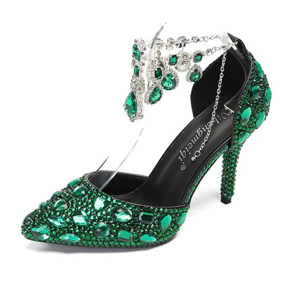 2024 Autumn Slim Heels Shallow Mouth Luxury Blue Water Diamond Pearl Women Single Shoes 9CM Wedding Party Shoes Sandalias Mujer