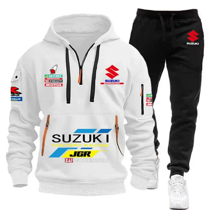 2026 Suzuki Men's Hoodie, Half-Closed Front Multi-Pocket Sport Shirt + Athletic Pants Two-Piece Set for Cycling, Running and Mot