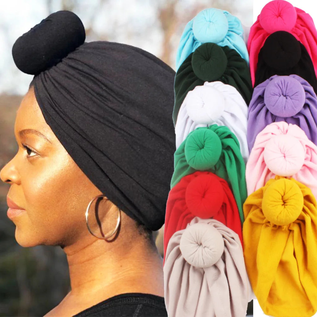 Soft Cotton Women Turban Hat Donut Knot Headwrap Solid Color Muslim Hijab Cap Fashion Headwear Stretchy Beanie Ladies Hat New