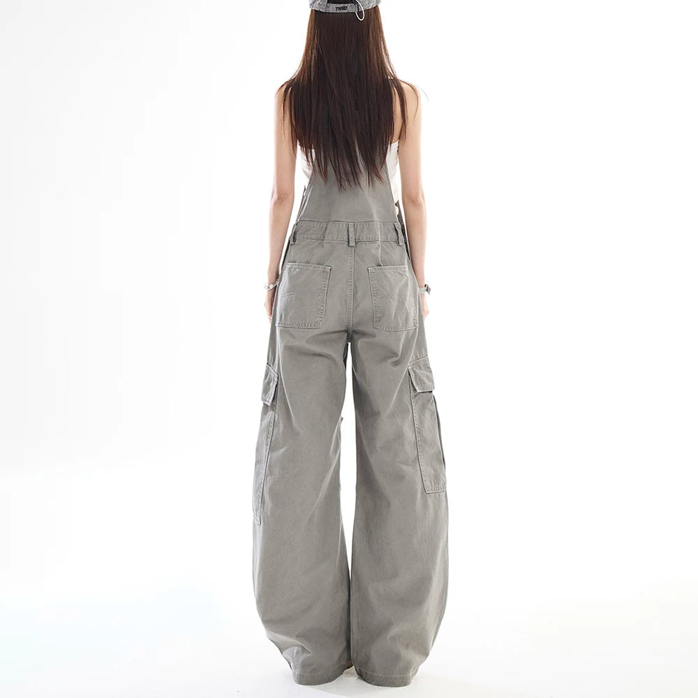 Women's Big Pocket Cargo Overalls Street Jumpsuits Straight Unisex Trousers Wide Leg Sweatpants High Waist Casual Baggy Pants