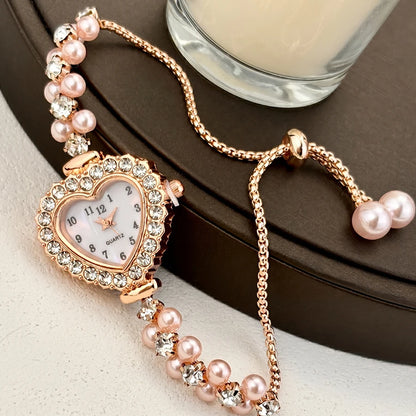 Elegant Heart-Shaped Watch with Double-Row Diamond Pearl Bracelet & Drawstring Closure